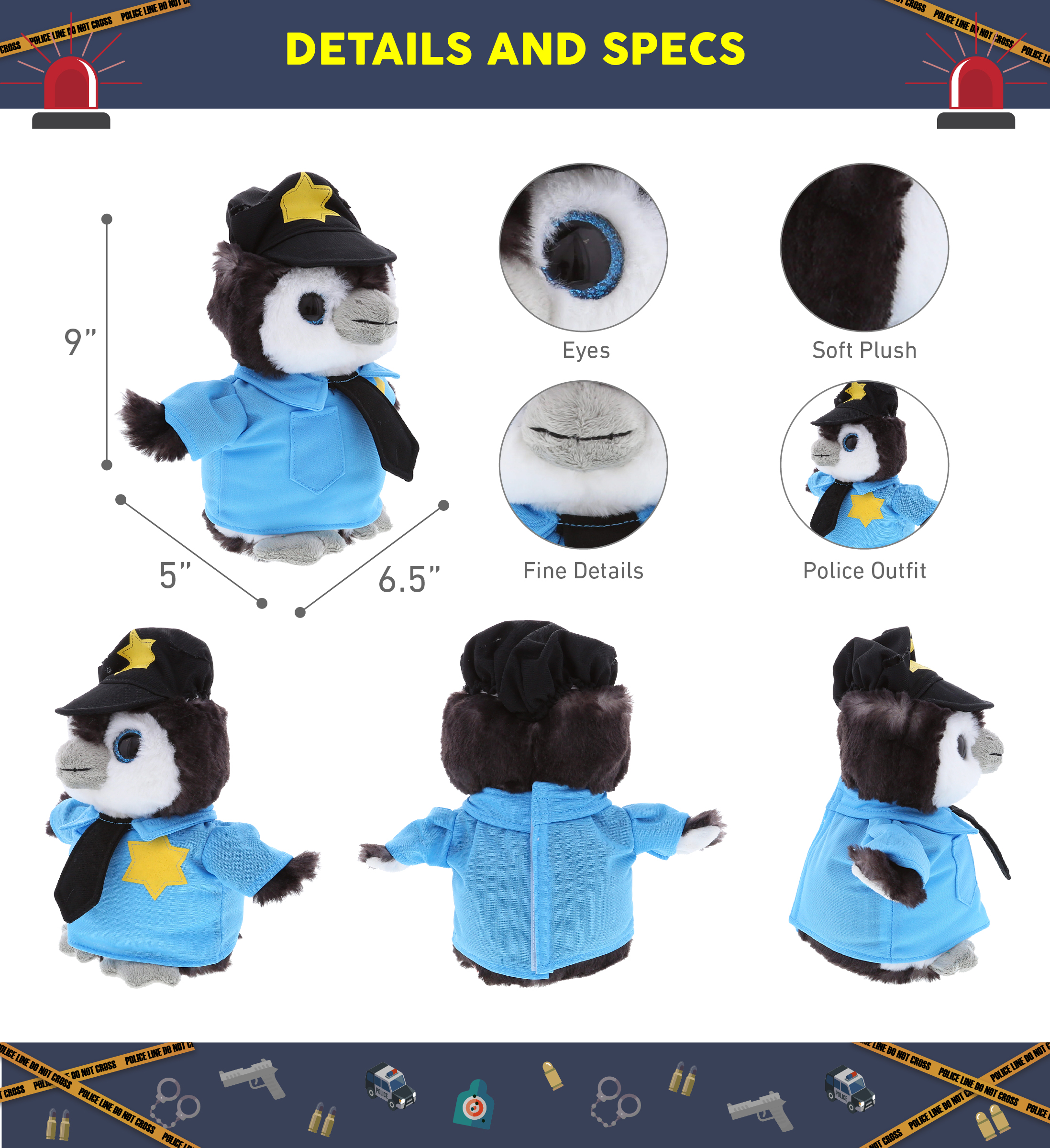 DolliBu Grey Penguin Police Officer Plush Toy – Super Soft Penguin Cop ...