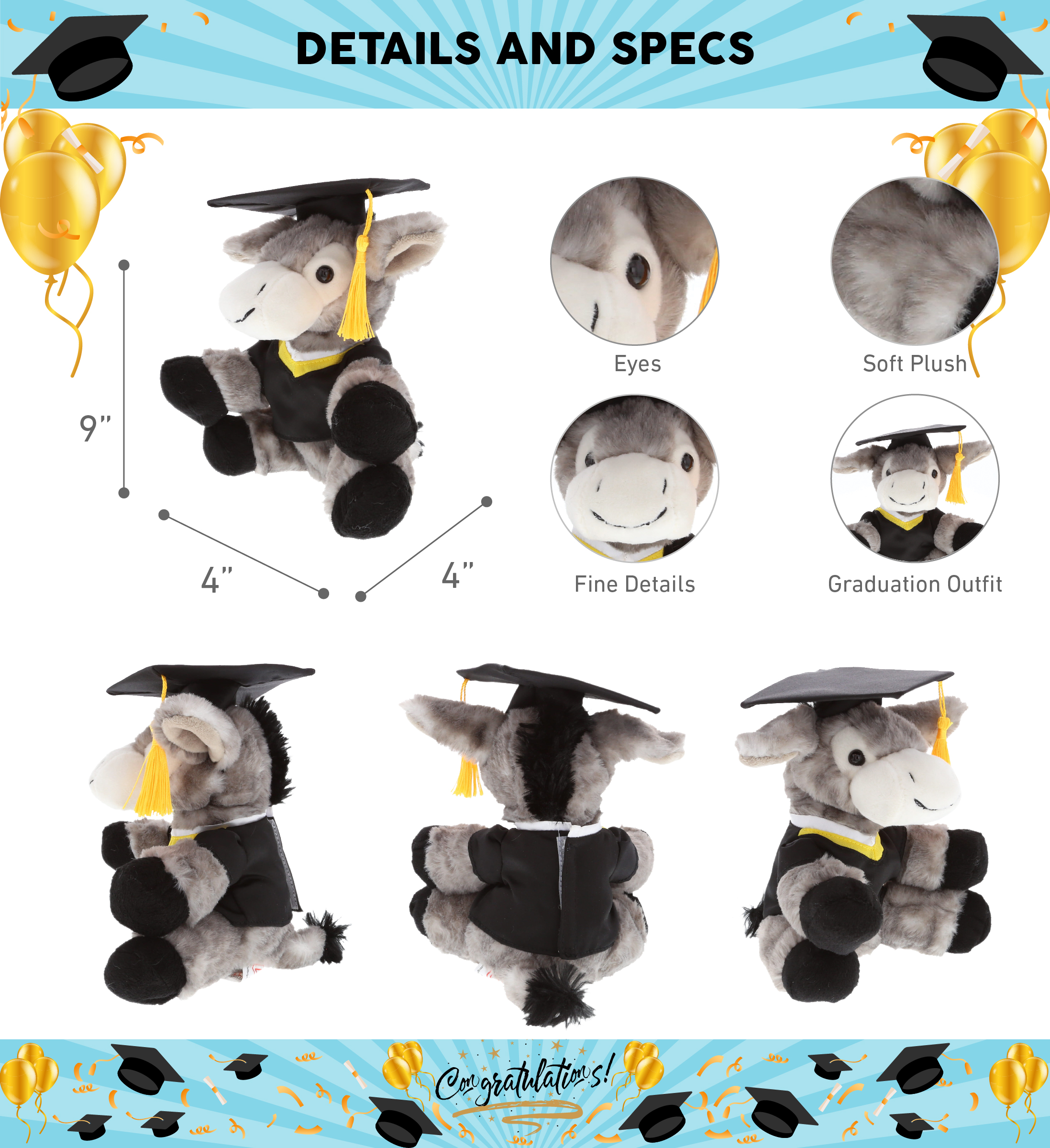 DolliBu Lying Grey Donkey Graduation Plush Toy – Stuffed Animal Dress ...