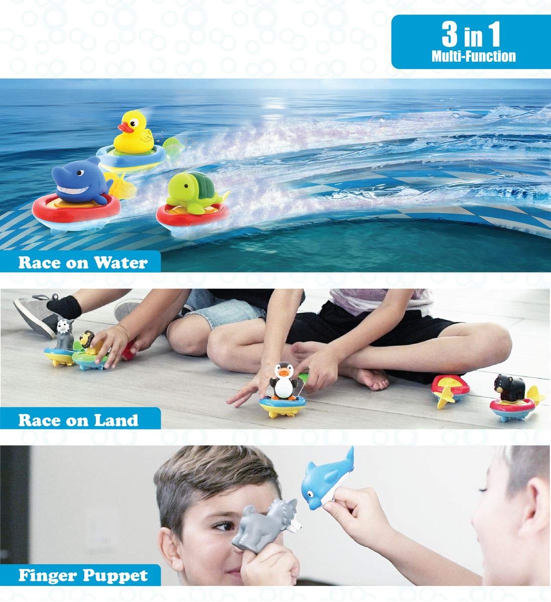 Fun Educational Bath Toy Finger Puppet Pull and Go Water Racing Ocean Pal Shower Pool Bathtub Swim Hard Surfaces for Baby Toddler and Boy DolliBu Boat Racer Buddy Seahorse 3 in 1 Game 6 Inch