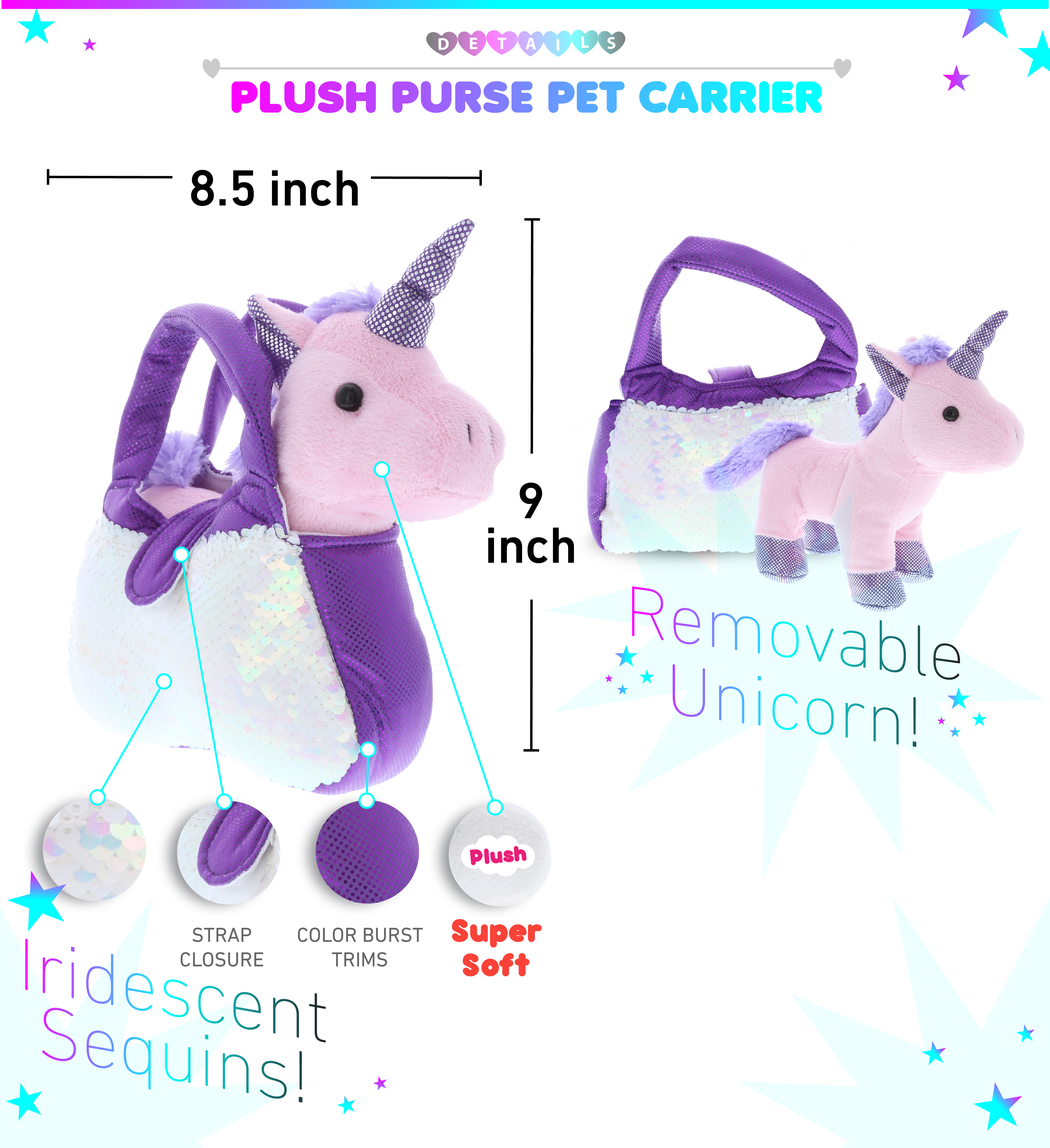 Amazon.com: DolliBu Pink Unicorn Plush Reversible Sequin Pet Carrier Handbag,  White Sparkle Soft Stuffed Animal Carrier Toy Purse for Little Girls, Cute  Toddler Girl's Pretend Play 9 Inch : Toys & Games