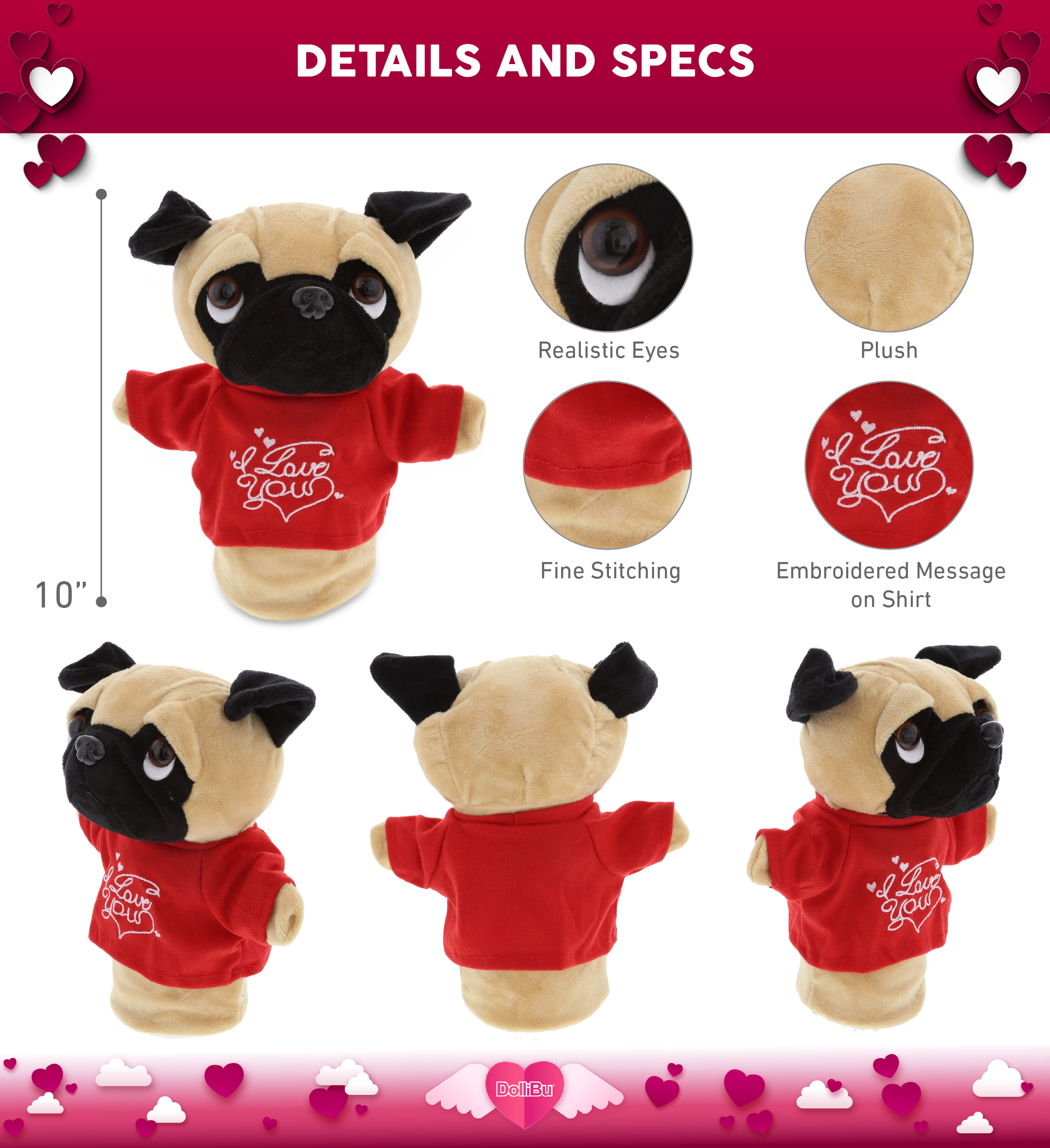 DolliBu I LOVE YOU Super Soft Plush Pug Dog Hand Puppet with Red Shirt 10" 
