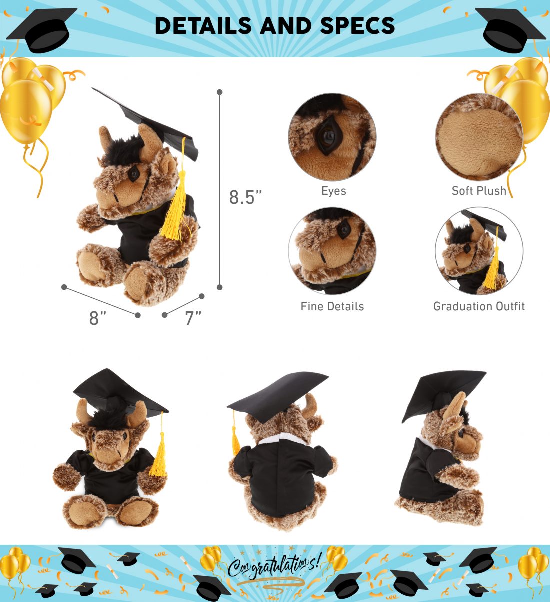 DolliBu Sitting Buffalo Graduation Plush Toy – Stuffed Animal Dress Up ...