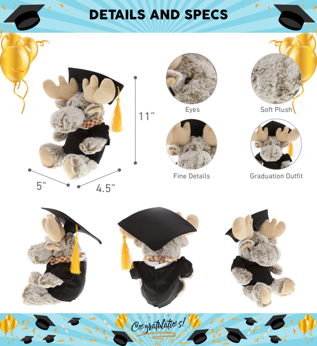 DolliBu Sitting Moose Graduation Plush Toy – Stuffed Animal Dress Up ...