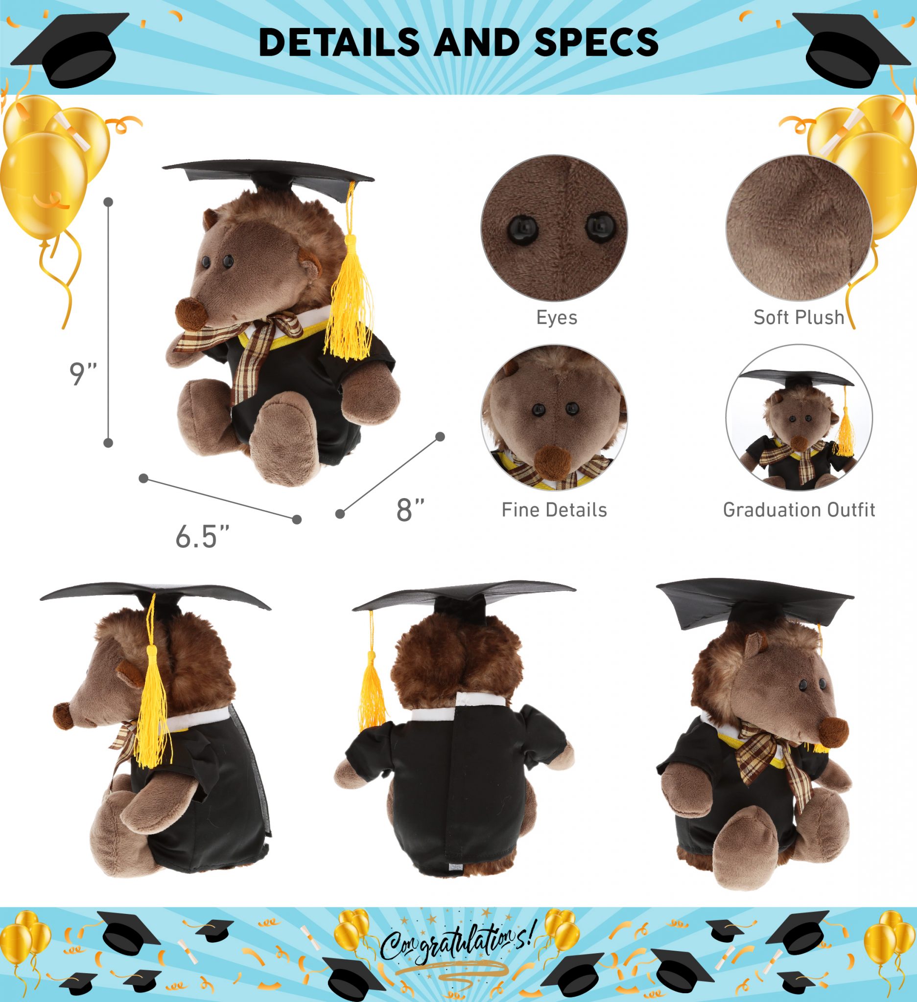 DolliBu Hedgehog with Ribbon Graduation Plush Toy – Stuffed Animal ...