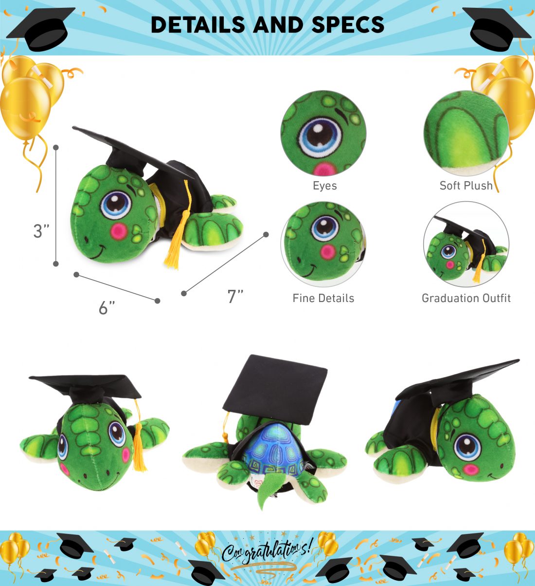 DolliBu Sea Turtle Graduation Plush Toy – Plush Buddies Stuffed Animal ...