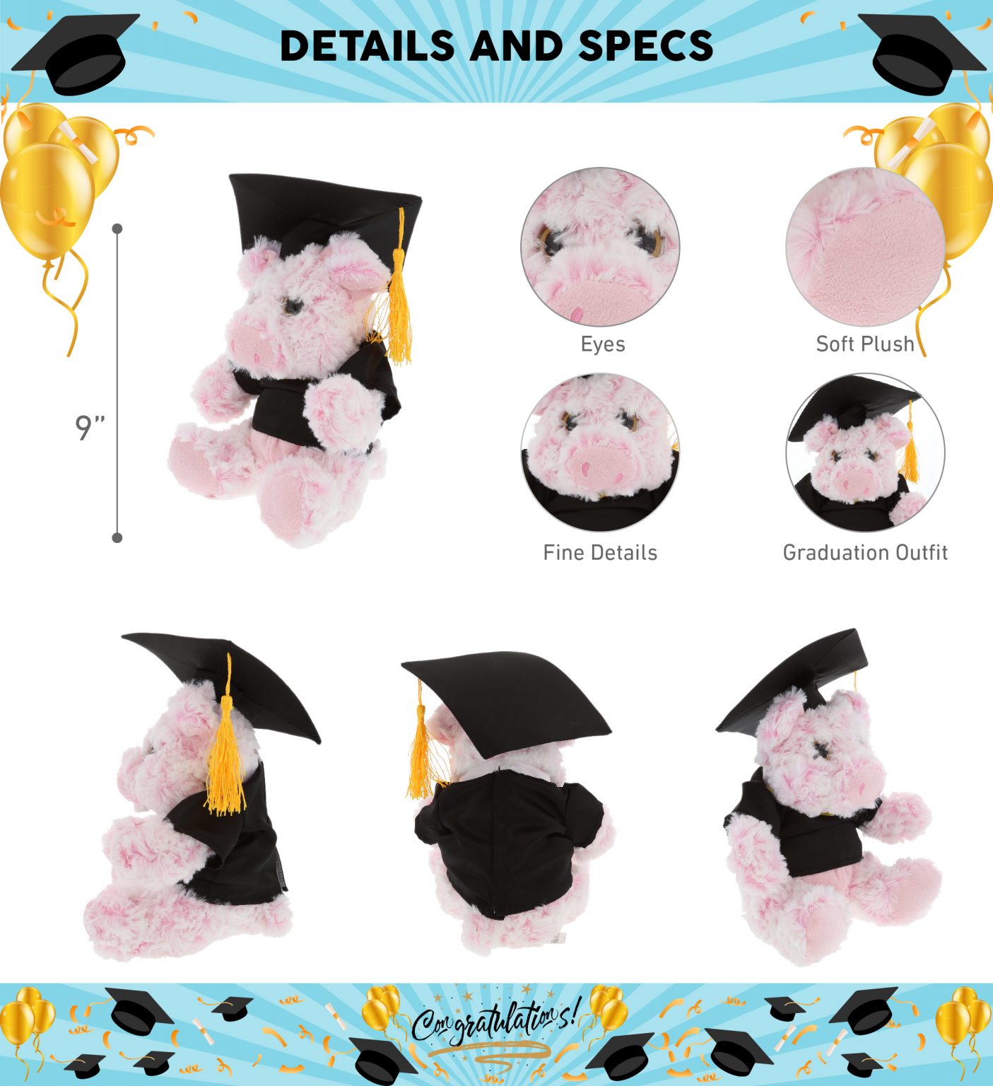 DolliBu Sitting Pig Graduation Plush Toy – Stuffed Animal Dress Up with ...