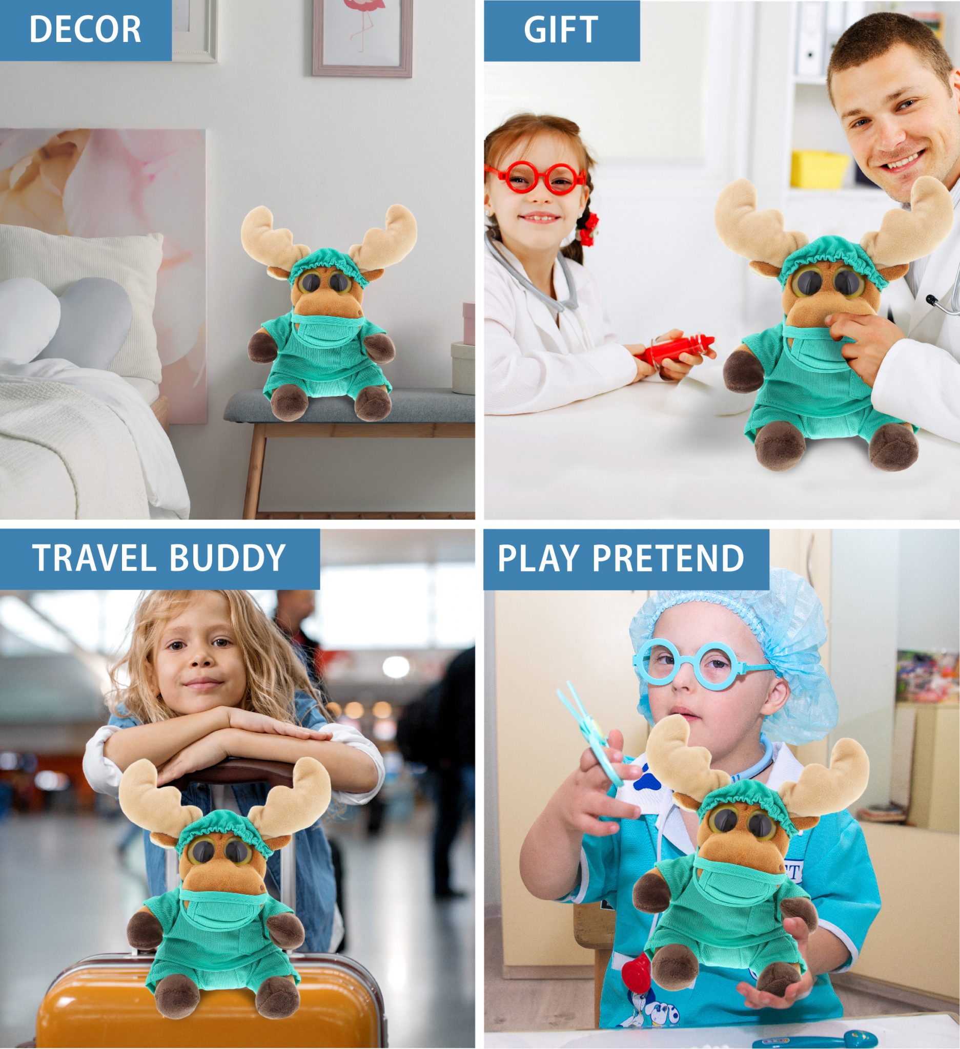 DolliBu Big Eye Moose Doctor Plush Toy Super Soft Moose Doctor