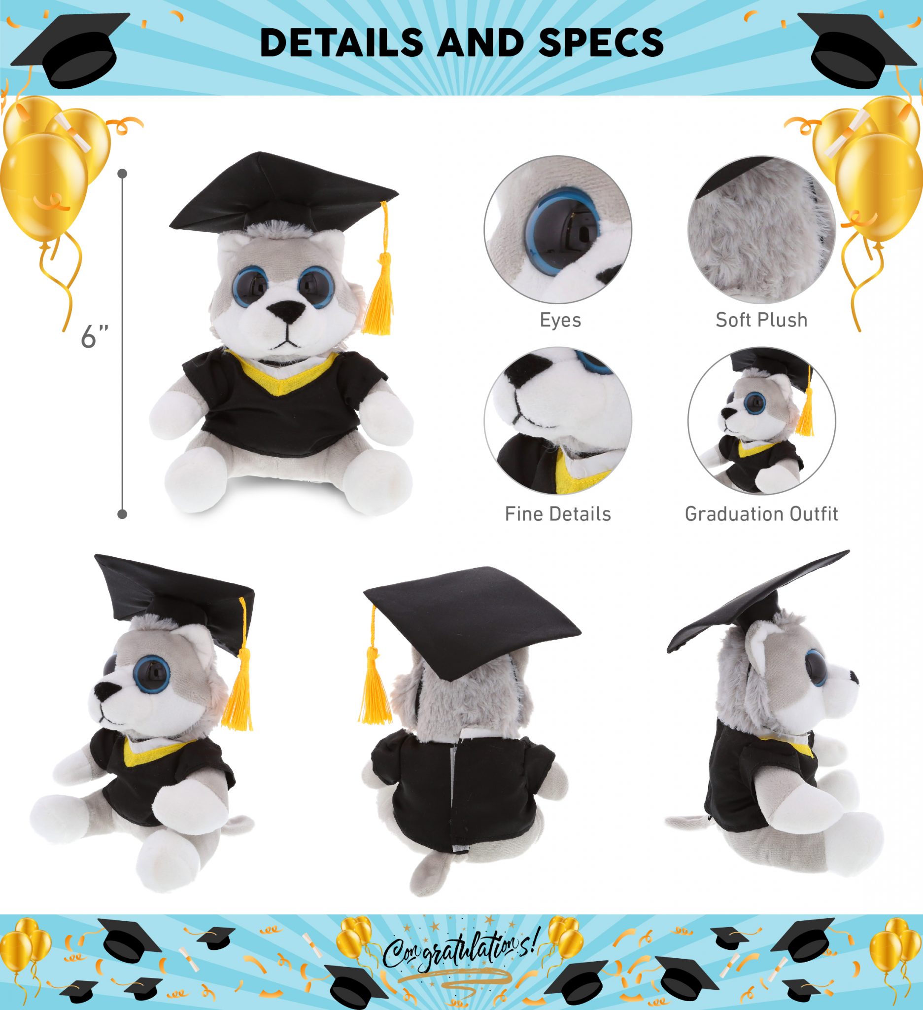 DolliBu Big Eye Wolf Graduation Plush Toy – Stuffed Animal Dress Up ...