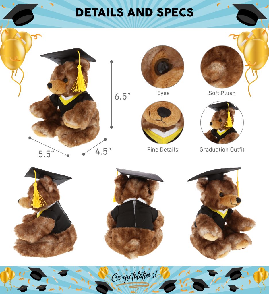 DolliBu Sitting Grizzly Bear Graduation Plush Toy – Soft Stuffed Animal ...