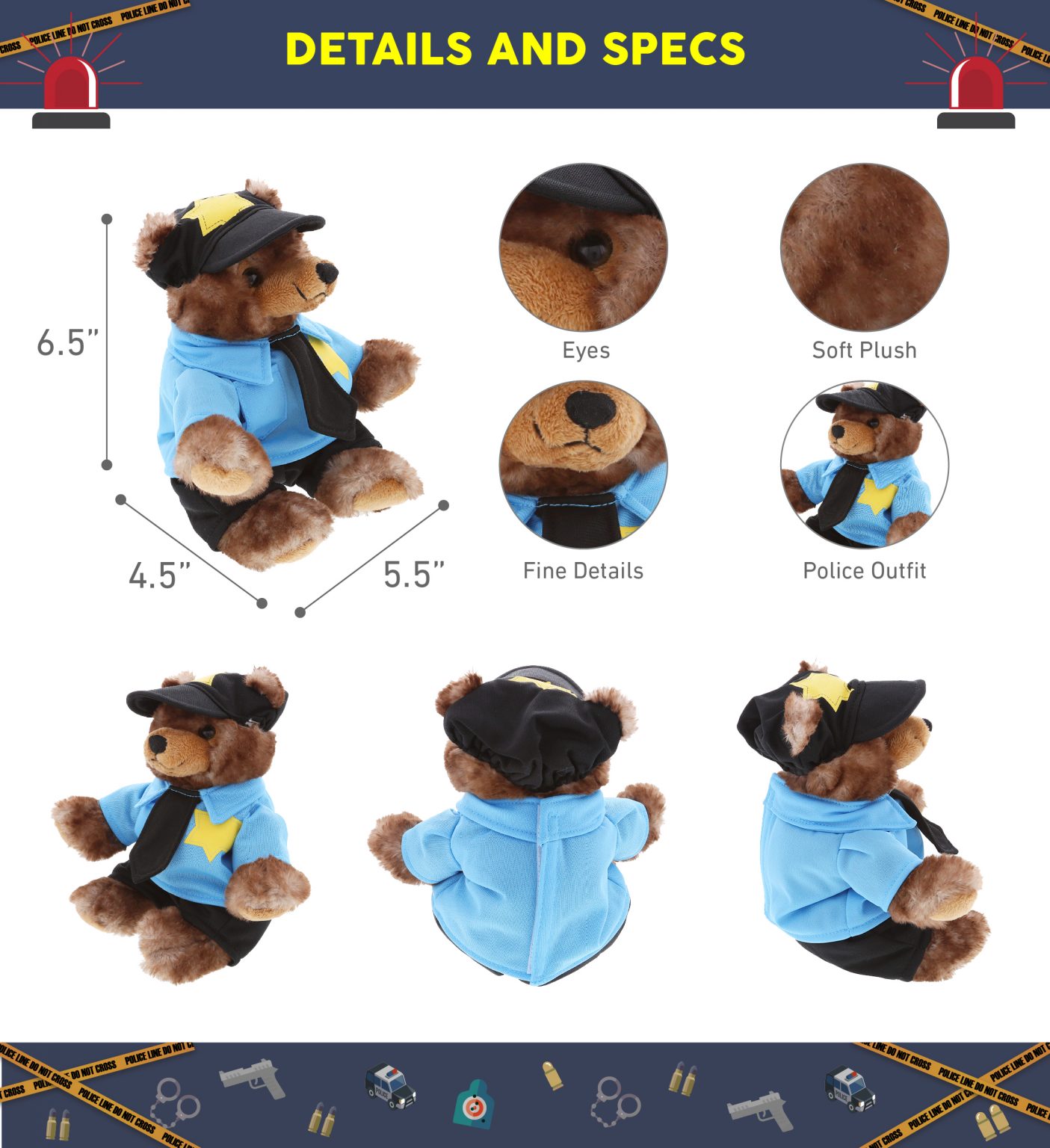 DolliBu Sitting Grizzly Bear Police Officer Plush Toy – Super Soft Bear ...