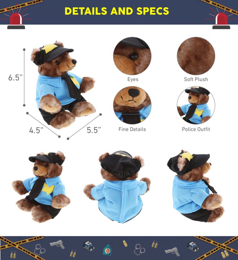 DolliBu Sitting Grizzly Bear Police Officer Plush Toy – Super Soft Bear