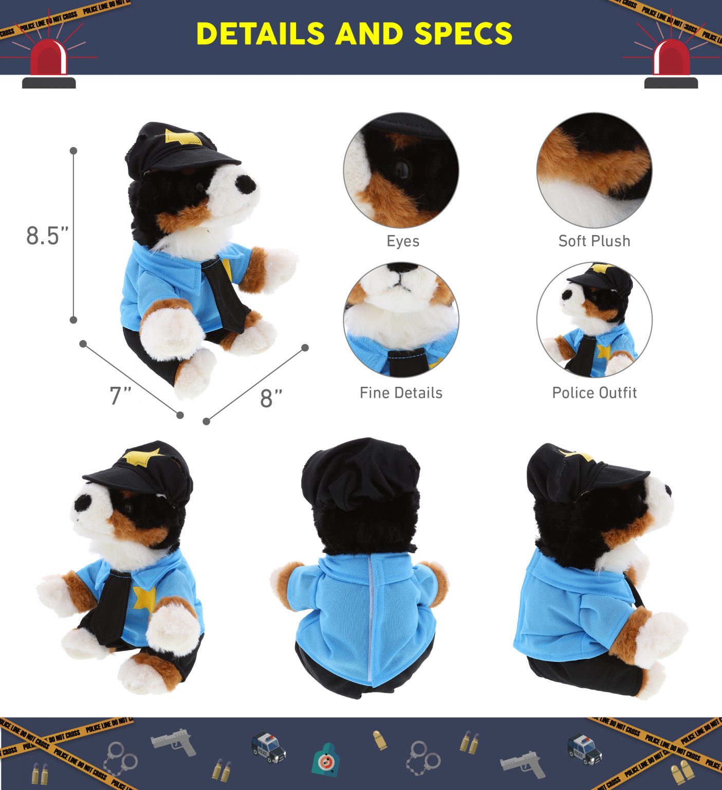 DolliBu Bernese Dog Police Officer Plush Toy – Soft Bernese Dog Cop ...