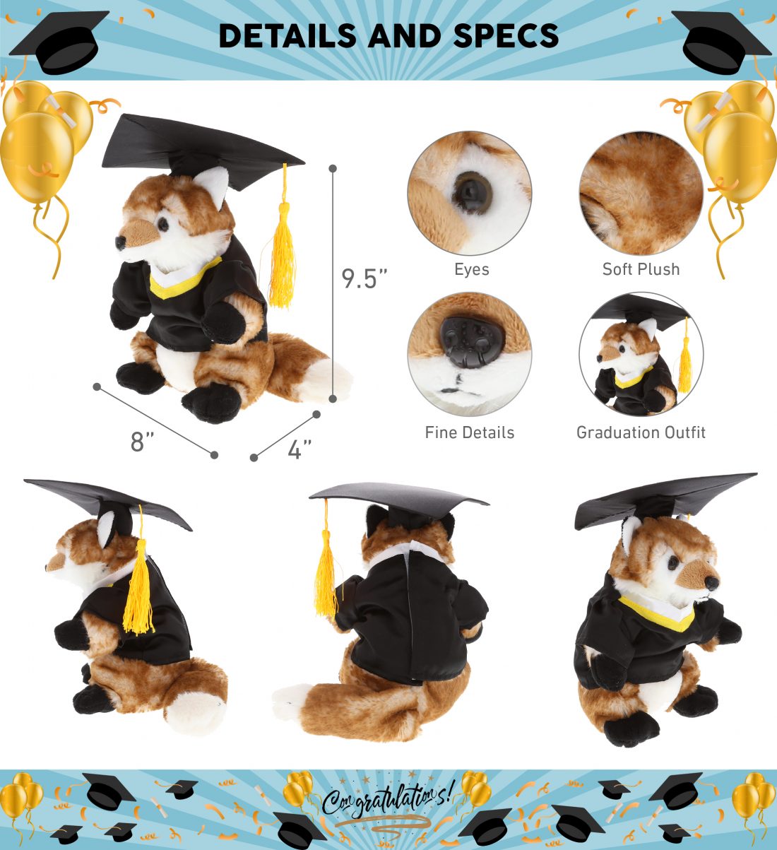 DolliBu Fox Graduation Plush Toy – Graduation Stuffed Animal Dress Up ...